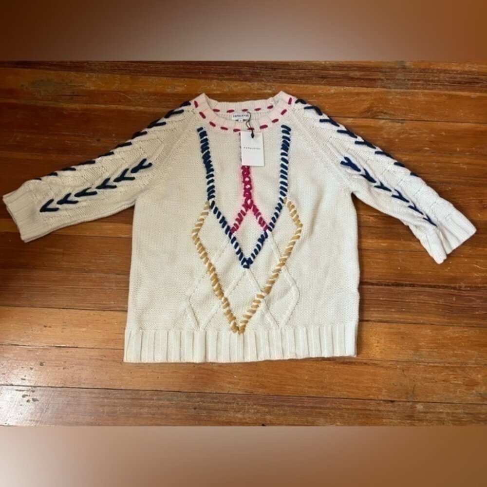 NWT Women’s Papaloves Ivory Sheila Sweater with Colorful Knit Details, Large